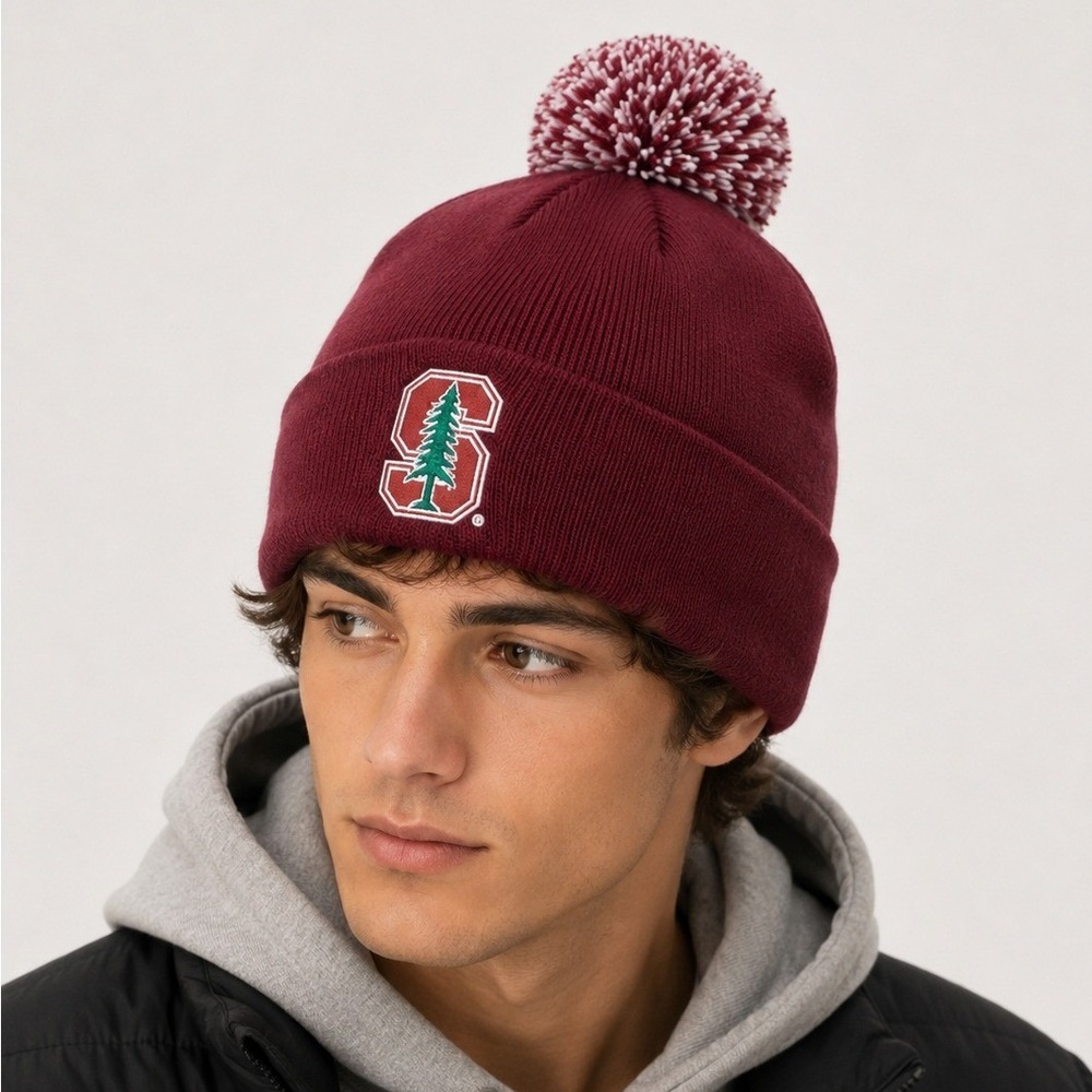 Stanford Cardinal Mens Zephyr Beanie Pom Cuffed Hat Cap